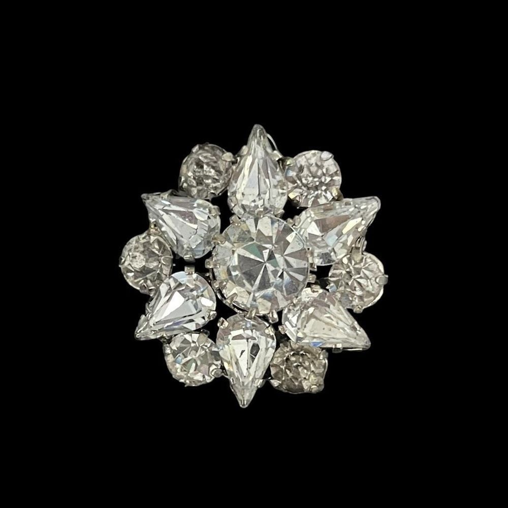 Vintage Signed Czech Prong Set Rhinestone Brooch Pin Silver Tone Open Back Foil